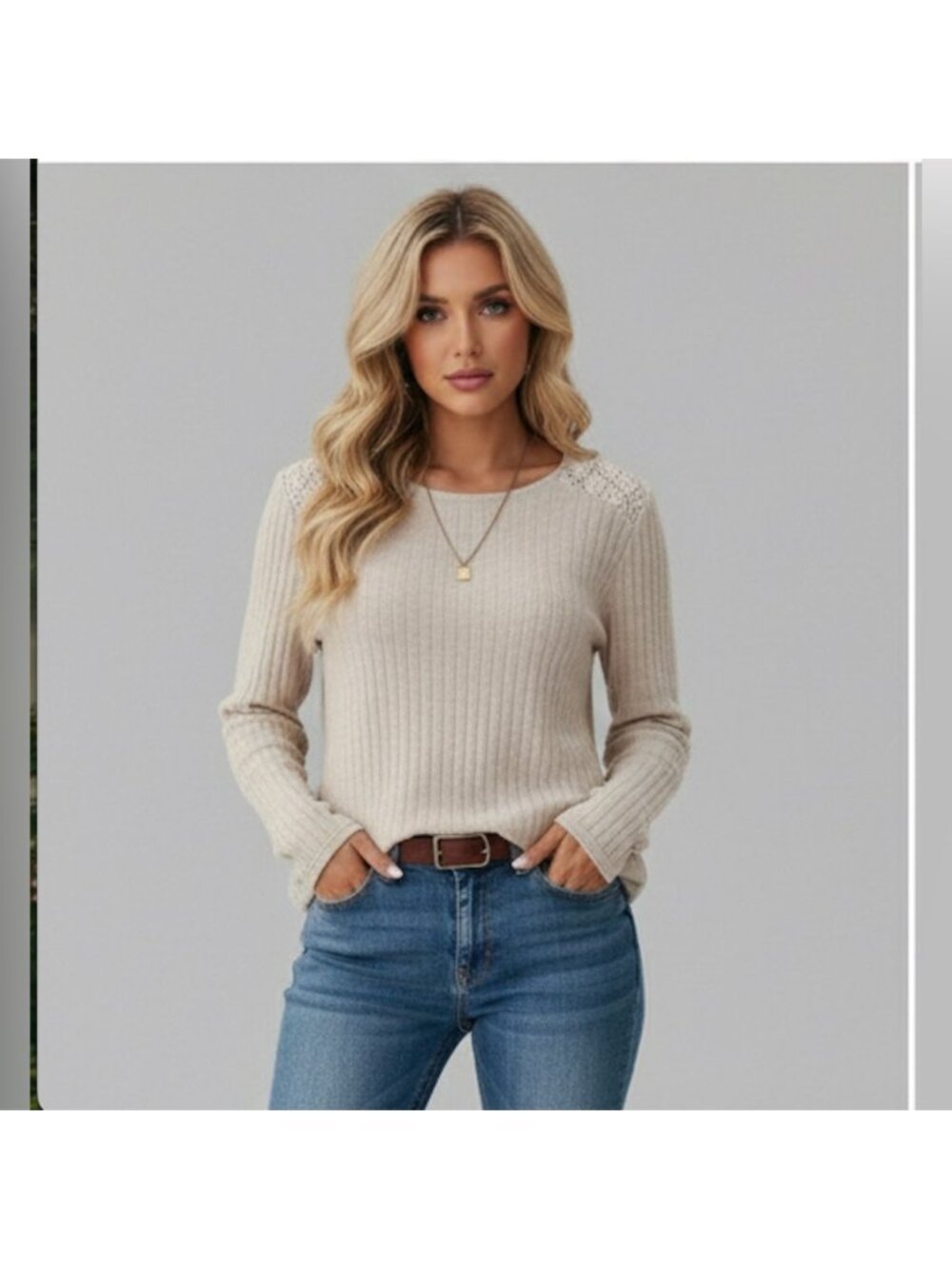 Guipure Lace Insert Ribbed Tee Cream